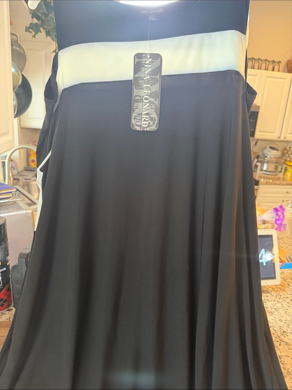 Nina Leonard Black Dress with White Yoke Accent